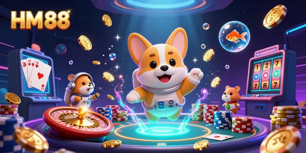 Experience thrilling gaming adventures at HM 88 with floating casino elements and a captivating scene.