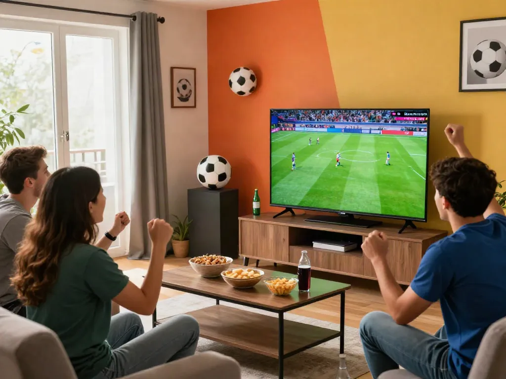Friends enjoying a football match on Xoilactv in a lively living room.