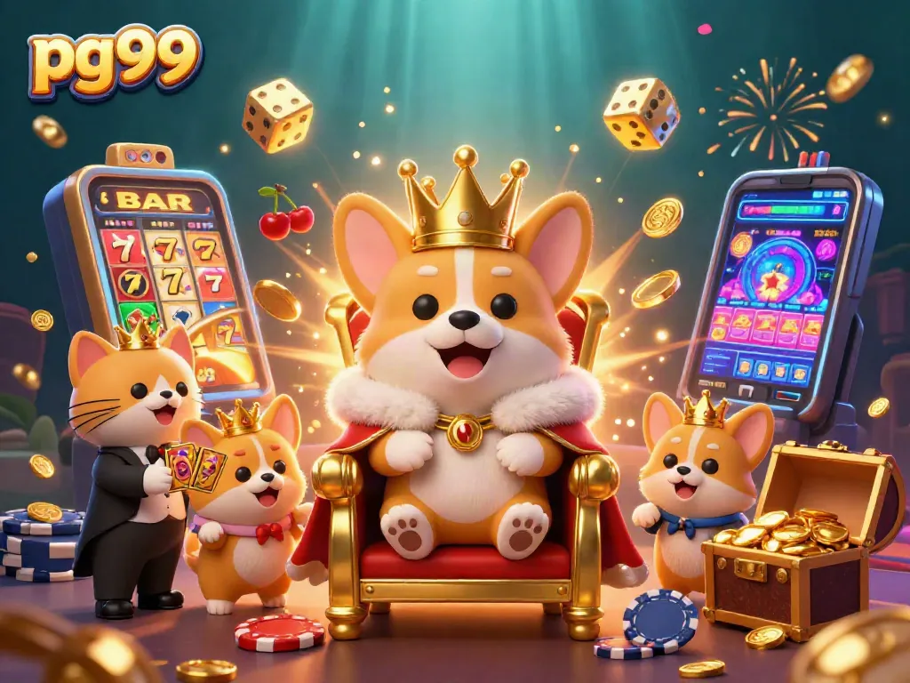 Experience the fun of pg99 with a corgi king and dynamic casino symbols in a vibrant scene.