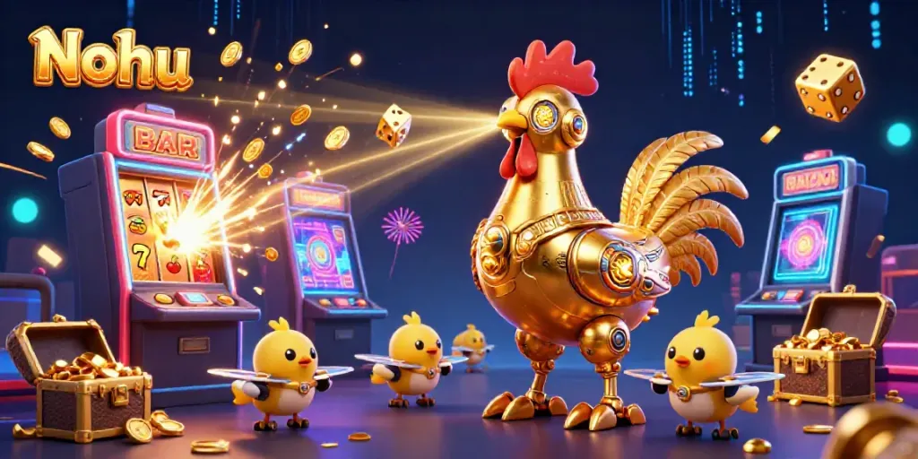 Engage with Nohu's vibrant 3D scene featuring golden rooster robot and baby chick drones amid dazzling casino elements.