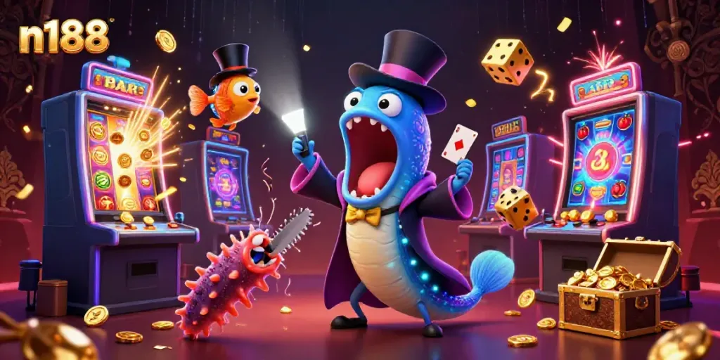 N188 brings excitement with a deep-sea inspired casino scene featuring dynamic game elements and colorful characters.