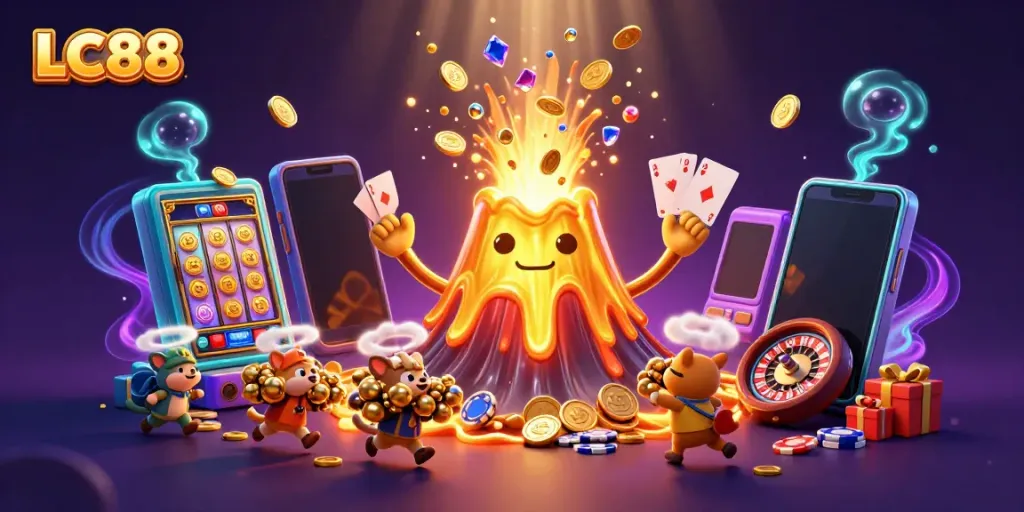 LC88 features a triumphant volcanic casino eruption with treasure and gaming elements.