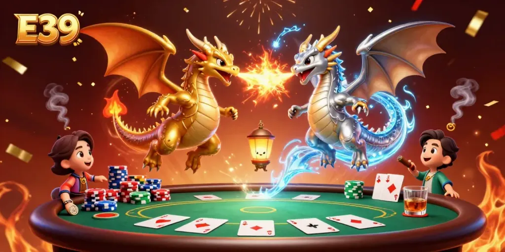 E39 showcases a dazzling scene where golden and silver dragons unleash fire and ice, embodying the excitement of poker.