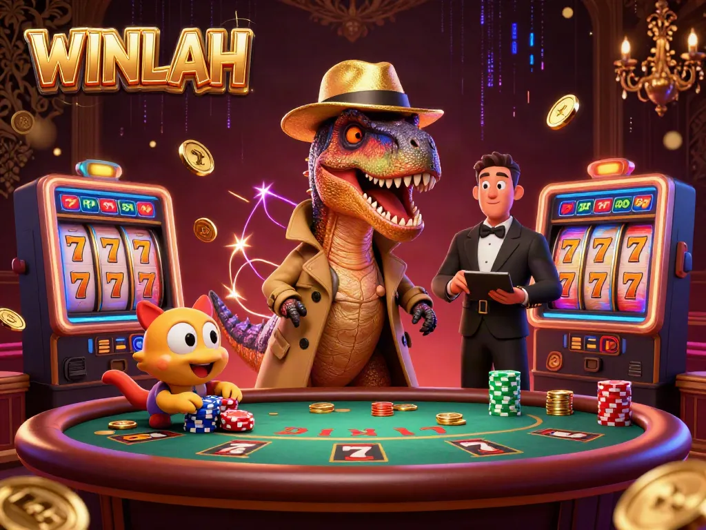 WINLAH casino scene with a cartoon velociraptor card counter at blackjack, surrounded by jackpot slots and gold coins.