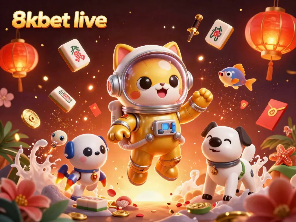 Experience thrilling games at 8xbet live with a vibrant, interactive 3D scene showcasing casino elements.