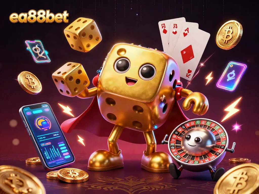 Engage with ea88bet's thrilling casino world featuring golden dice golems and cryptocurrency adventure!