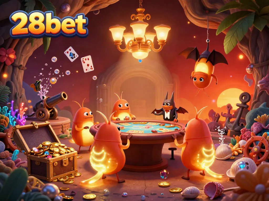 Experience the vibrant glow of 28bet in a thrilling casino setting, featuring bioluminescent glowworms and dynamic game elements.