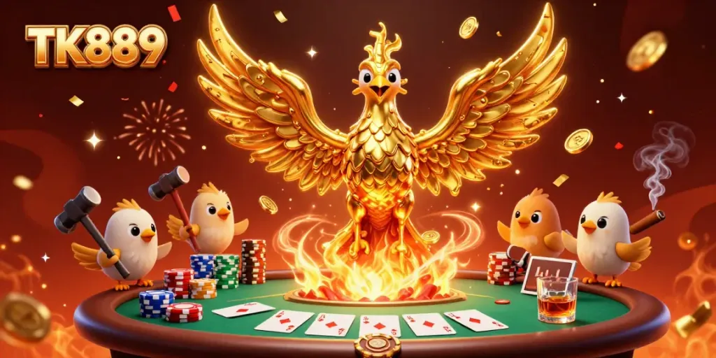 Experience the excitement of TK889 with a vibrant 3D scene showcasing golden gaming elements and poker flair.
