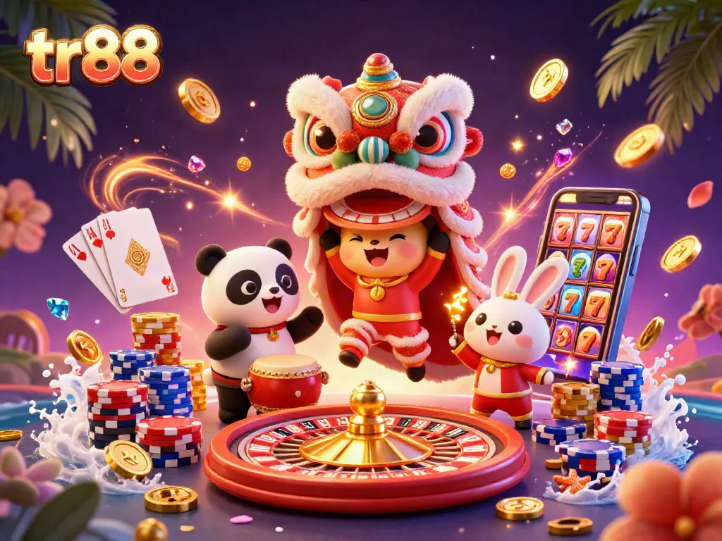Experience thrilling gameplay with tr88 showcasing a colorful casino celebration featuring a lion dance, panda, and lucky symbols.