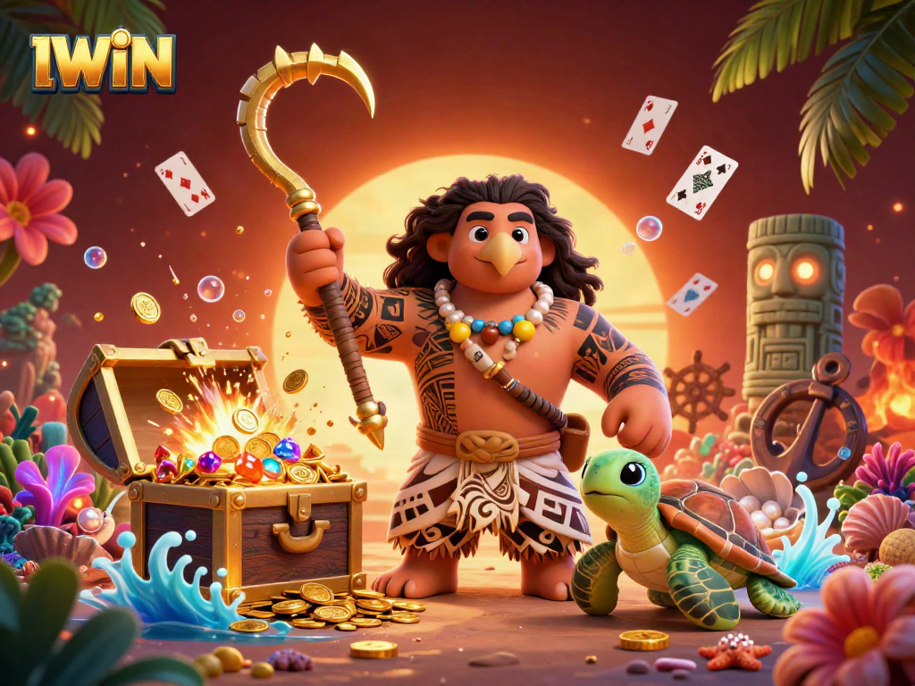 IWIN gaming scene with a tribal demigod hawk and moana-style turtle amidst gold coins and glowing treasures.