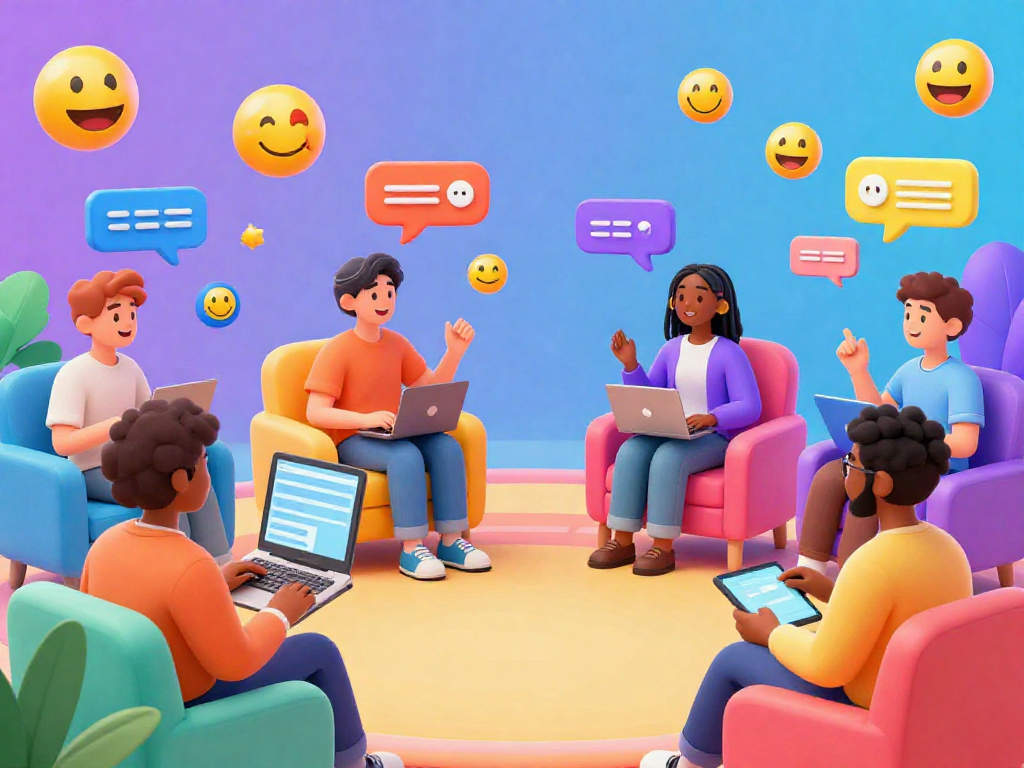 Engaging virtual chat scene showcasing a diverse group enjoying juicy chat interactions in lively digital spaces.