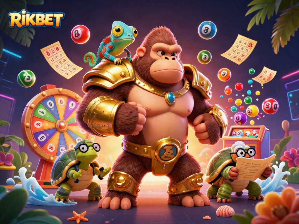 Engage with RIKBET: A thrilling 3D casino adventure featuring a gorilla king and colorful lottery elements.