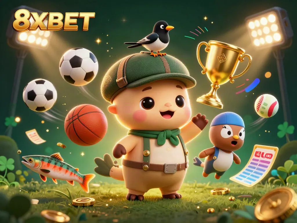 Place bets with 8XBET, featuring an engaging 3D illustration of colorful casino characters and sports elements.