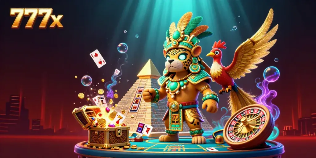 Engage with exciting games at 777x, featuring a Mayan priest and vibrant casino elements.