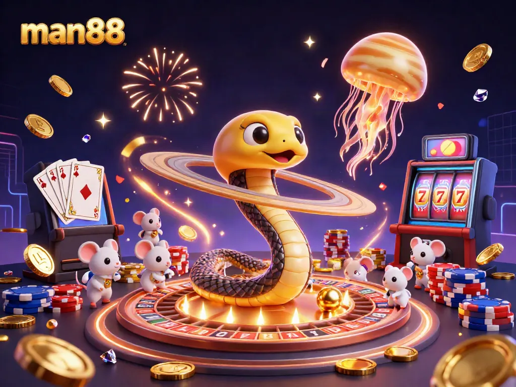 Experience the excitement of betting at man88 with a cosmic casino-themed 3D illustration featuring dynamic gambling elements.