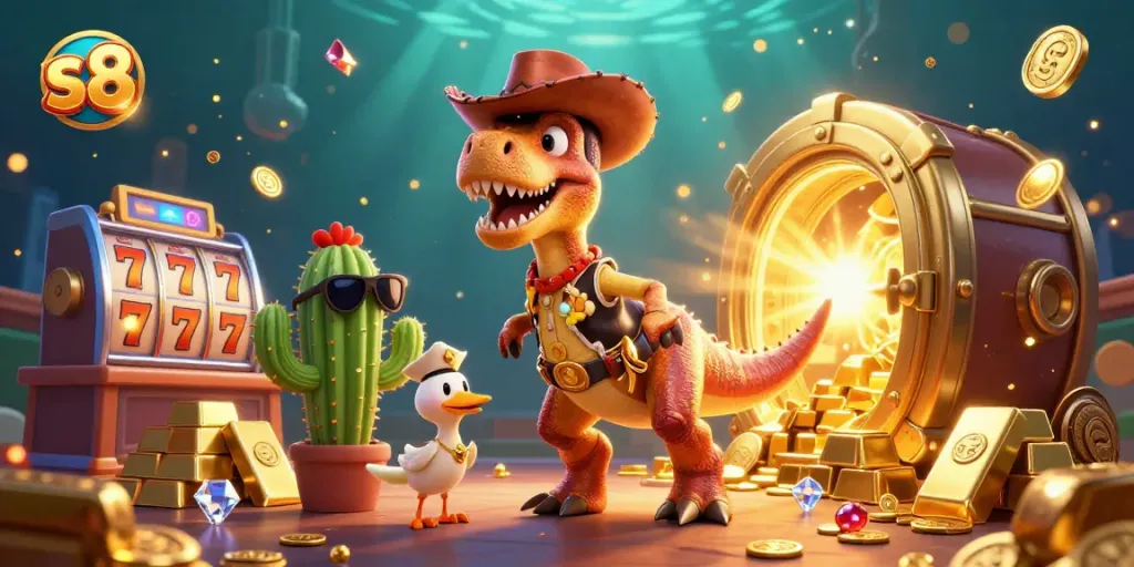 Experience thrilling jackpots at s8 with a vibrant 3D casino scene featuring dynamic characters and game elements.