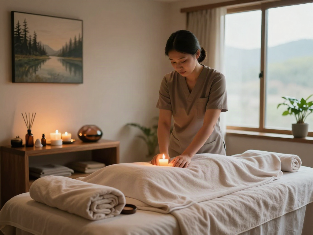 Relaxing 남양주출장마사지 session at a tranquil spa, featuring soft lighting and essential oils.