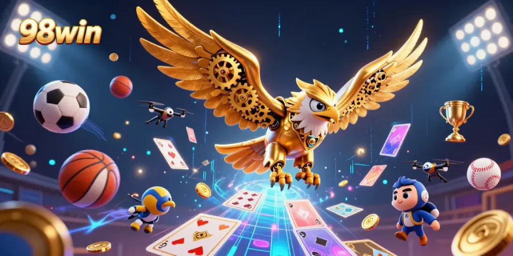 Experience thrilling gameplay at 98win with a vibrant 3D scene showcasing sports betting elements.