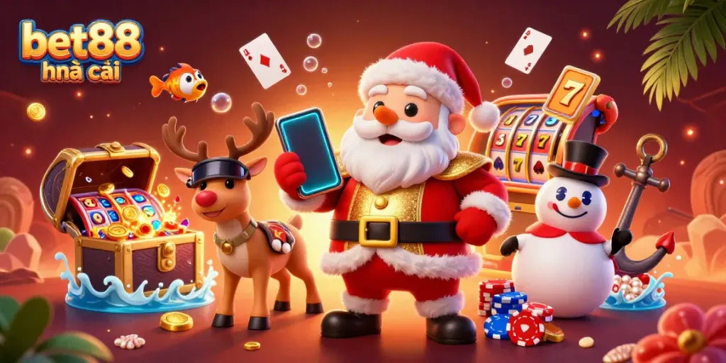 Experience the excitement of bet88 nhà cái with a vibrant 3D casino scene featuring Santa and friends amidst slot machines.