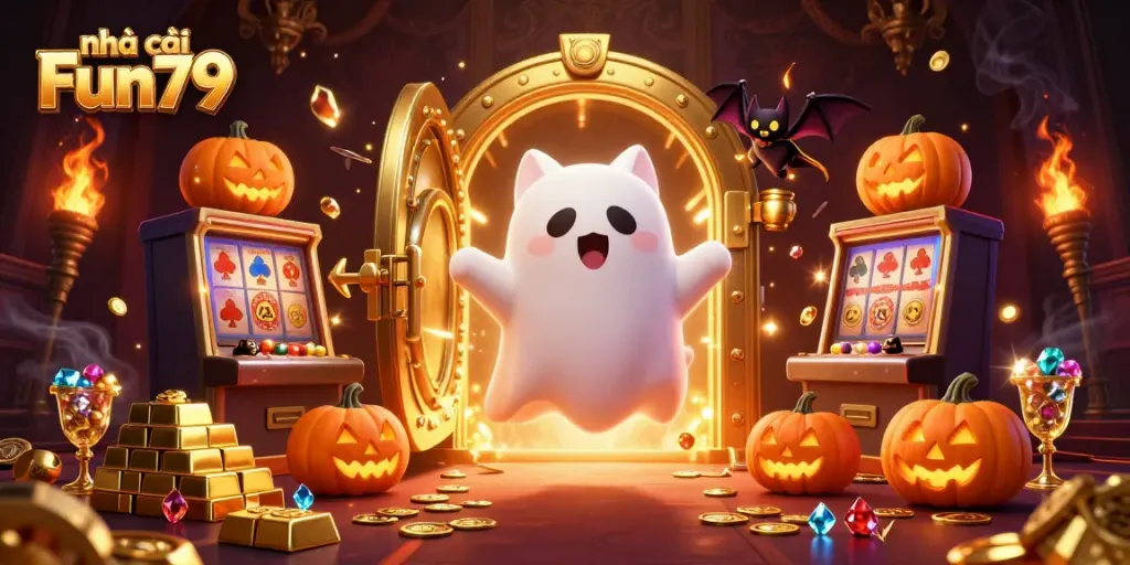 Experience thrilling slots at nhà cái Fun79 with a captivating ghostly scene in a haunted casino.
