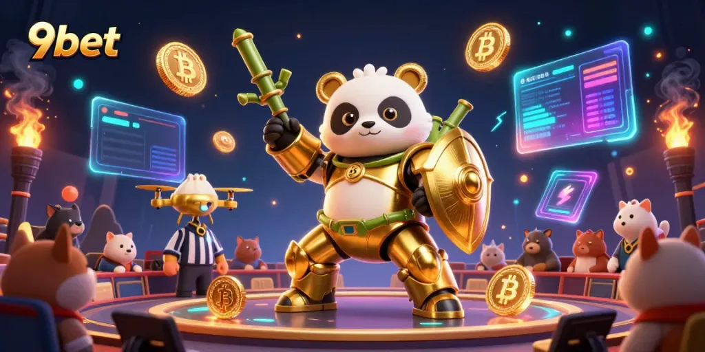 Experience thrilling bets with 9bet in a dynamic arena featuring a golden panda in mech-suit.