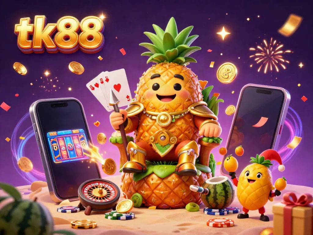 Engage with the tk88 slot experience, featuring a colorful smartphone game with lively characters and casino elements.