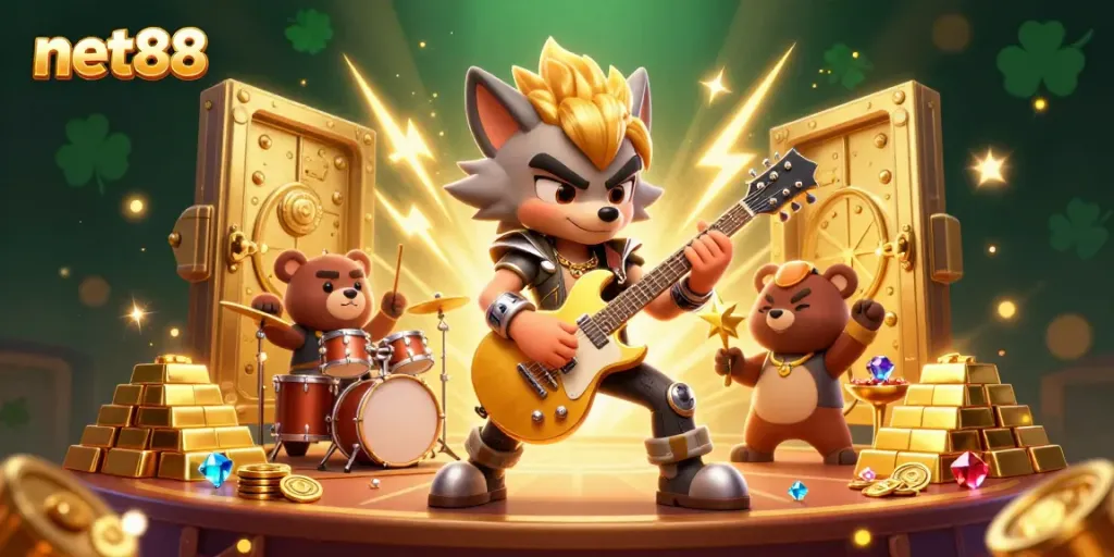 Experience thrilling gameplay with net88 at the vibrant casino, featuring a rock star wolf and drummer bear.